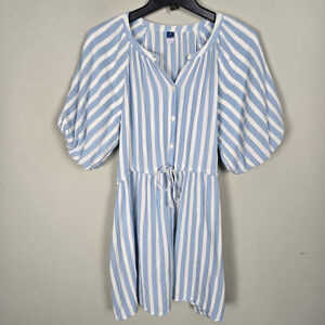 Old Navy Womens Puff Sleeve Mini Shirt Dress Size S Blue Striped Coastal Peasant